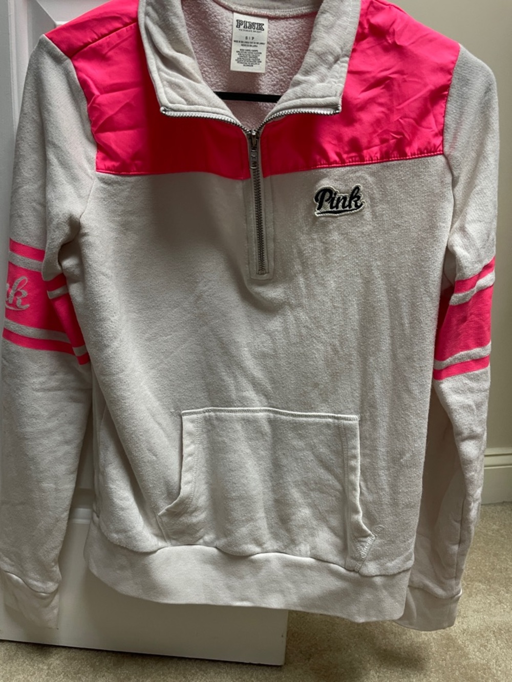 PINK Victoria's Secret Half-Zip Sweatshirt in White and Hot Pink